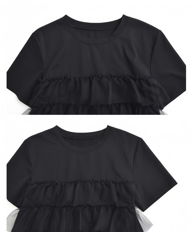 レディース トップス シャツ ブラウス フリーサイズ パッチワーク 半袖 ラウンドネック プルオーバ tシャツ 2色