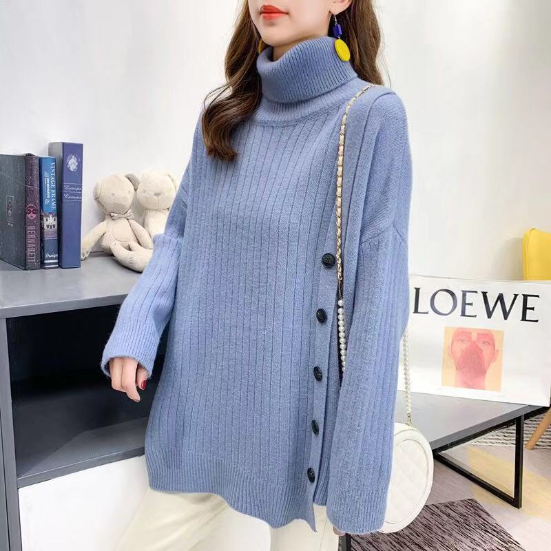 秋冬新作洋風タートルネックセーター女性用韓国風ルーズレイジーミドル丈イレギュラーセータートップ