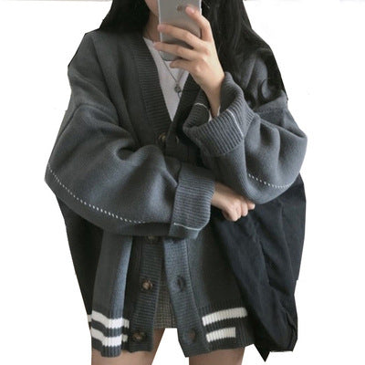 セーターレディース秋冬韓国ルーズオールマッチ学生用 Vネックレイジースタイルトップス女性用カーディガンセータースモールジャケット