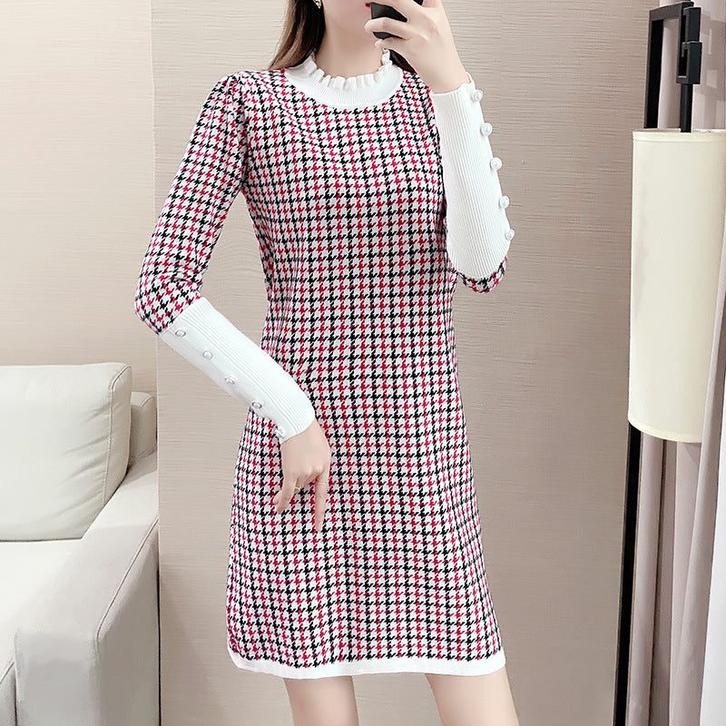 韓国風 春夏 新作 長袖 Aライン ニット ワンピース 体型カバー ゆったり