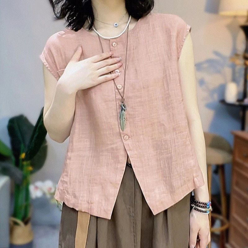 ノーカラーシャツ レディース 夏 リネン風 半袖 ラウンドネック ゆったり フレンチカジュアル 全4色 M-4XL