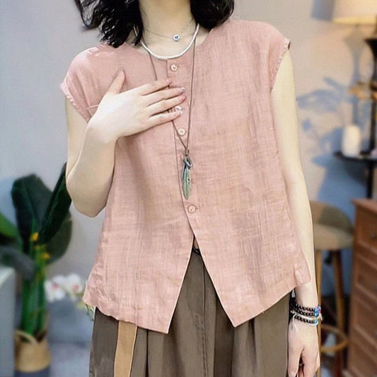 ノーカラーシャツ レディース 夏 リネン風 半袖 ラウンドネック ゆったり フレンチカジュアル 全4色 M-4XL
