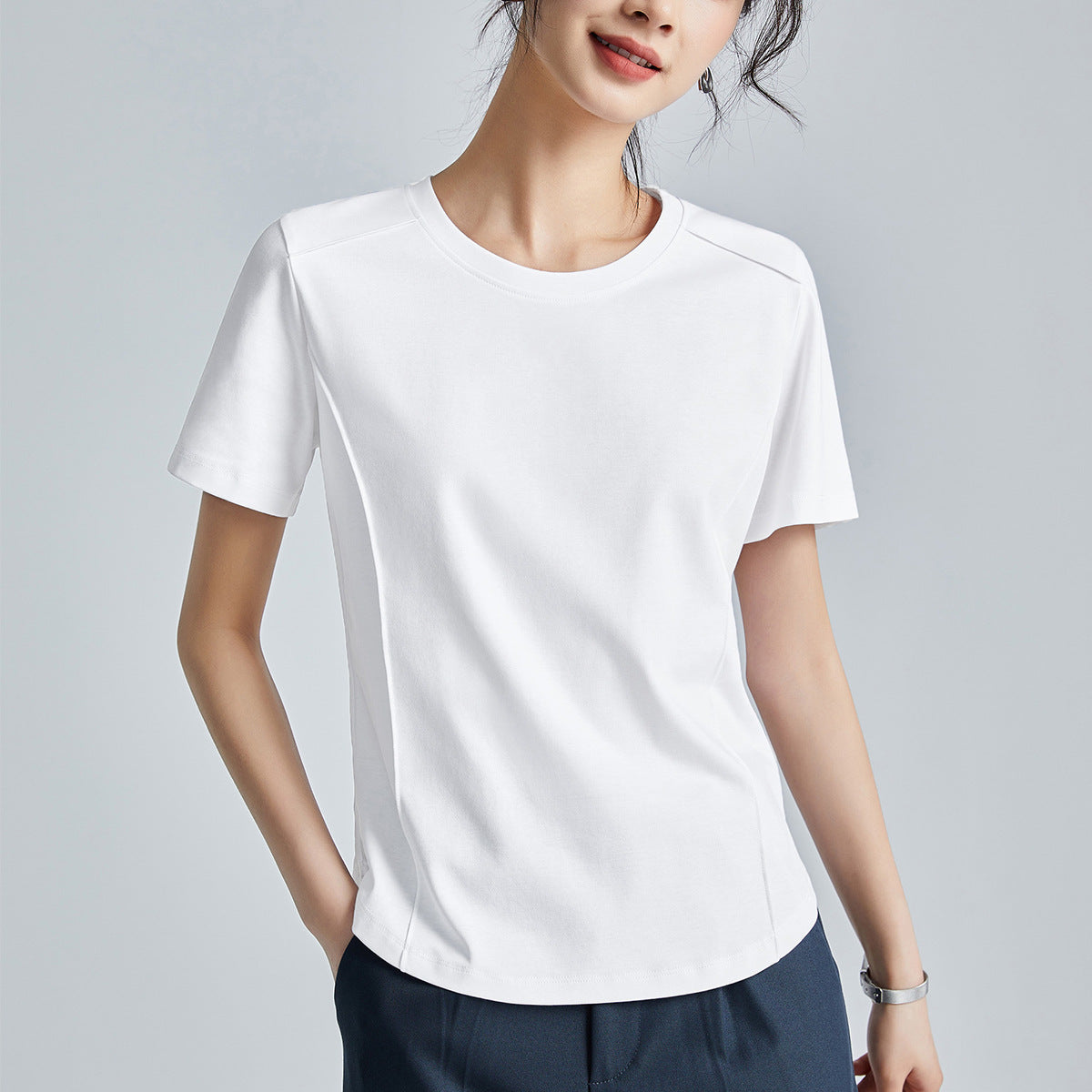 液体アンモニア加工 シルク混コットン半袖Tシャツ 丸首ベーシック