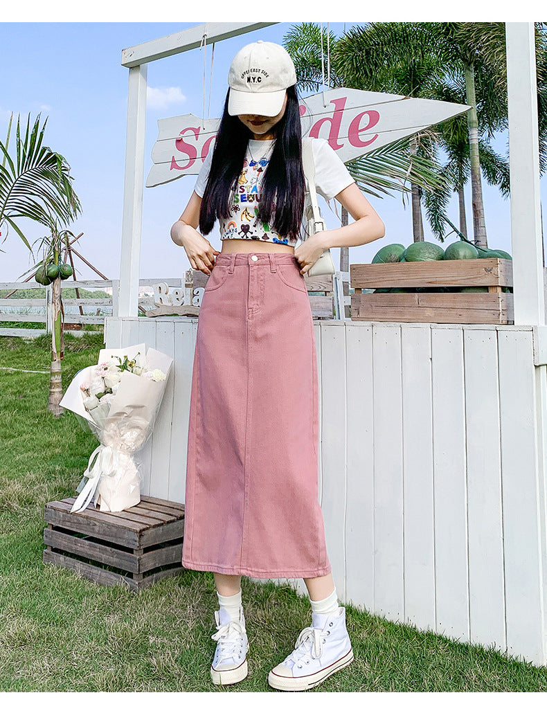 ピンク デニム スカート レディース 夏 薄手 高ウエスト 小柄 着痩せ 効果◎