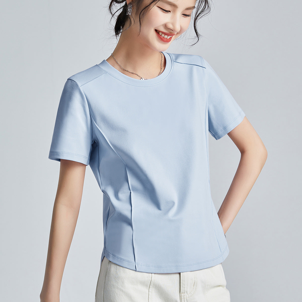 液体アンモニア加工 シルク混コットン半袖Tシャツ 丸首ベーシック