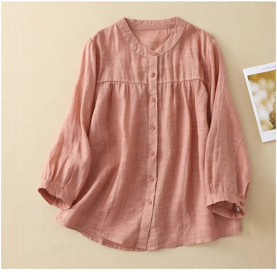 綿麻シャツ レディース 7分袖 ゆったり カジュアルブラウス 春夏 UVカット 全5色 M-3XL
