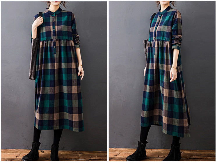チェック シャツワンピース ロング 長袖 コットン100 レディース 秋冬 きれいめ ゆったり 大きいサイズ オフィス映え レッド グリーン ブラック M L XL 2XL