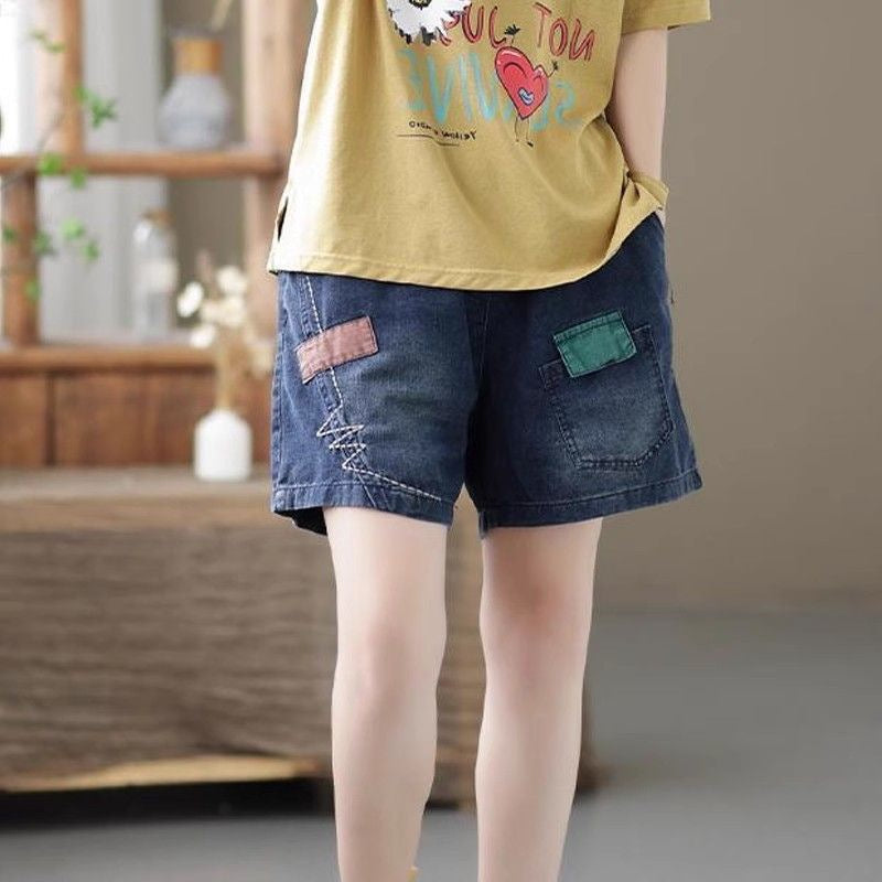 ハイウエストデニムショートパンツ レディース パッチワーク風 薄手 カジュアル ハーレム風 夏