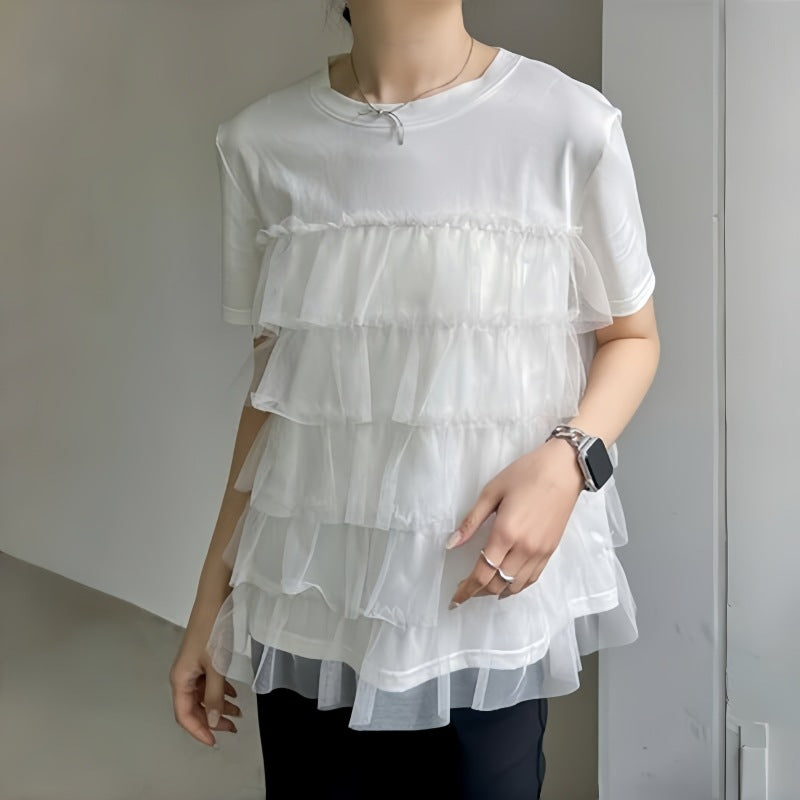 レディース トップス シャツ ブラウス フリーサイズ パッチワーク 半袖 ラウンドネック プルオーバ tシャツ ２色