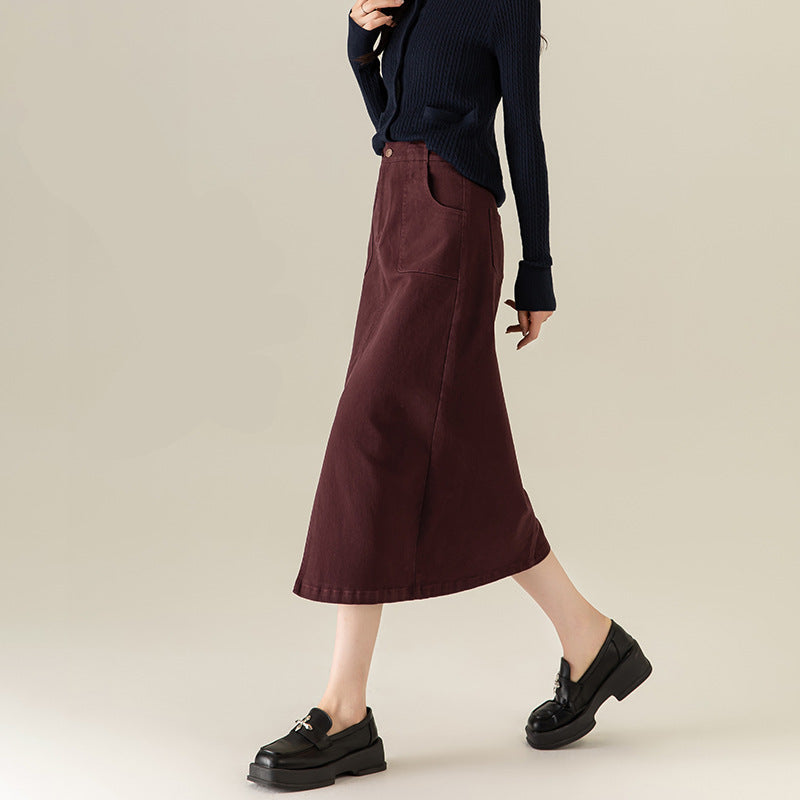 レッド デニム スカート レディース 春夏 高腰 ストレート スカート ミモレ丈