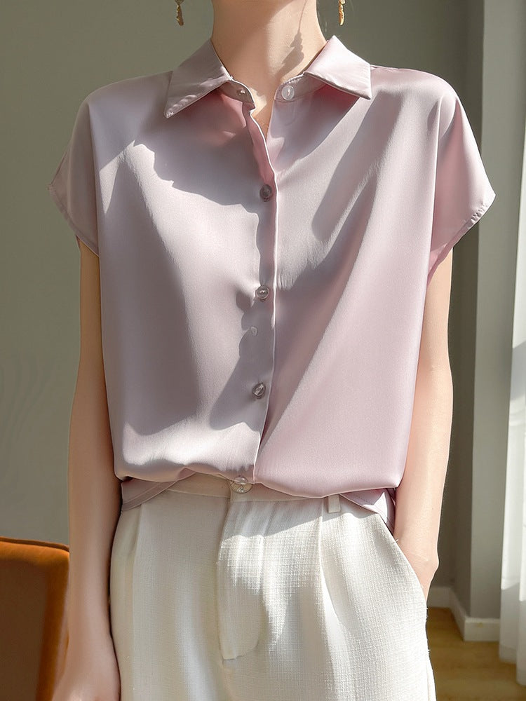 フレンチシャツ レディース 春夏 半袖 サテン風 無地 ゆったり 着痩せ 全3色 M-2XL