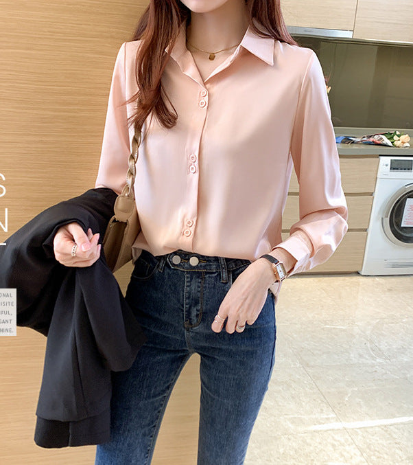 サテンシャツ レディース 春夏 アセテートサテン 長袖 シャツ 韓国風 オフィス 全7色 S-2XL