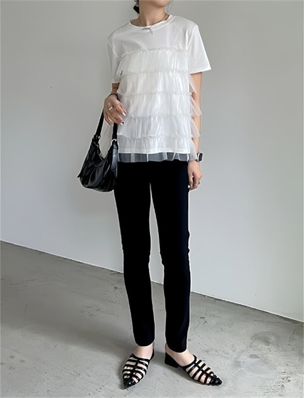 レディース トップス シャツ ブラウス フリーサイズ パッチワーク 半袖 ラウンドネック プルオーバ tシャツ ２色
