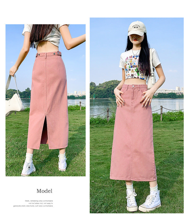 ピンク デニム スカート レディース 夏 薄手 高ウエスト 小柄 着痩せ 効果◎