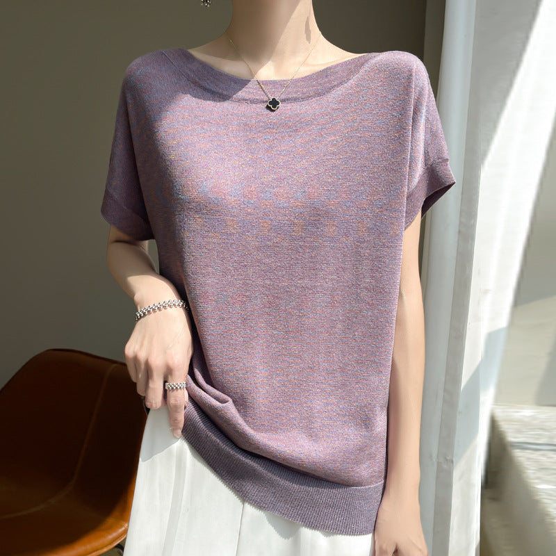 夏の涼感 一字襟デザイン ニット半袖 Tシャツ 落肩 ゆったりスタイル