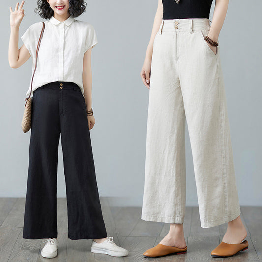 涼感コットンリネン ストレートパンツ レディース 無地 ゆったり 夏 カジュアル ゴムウエスト