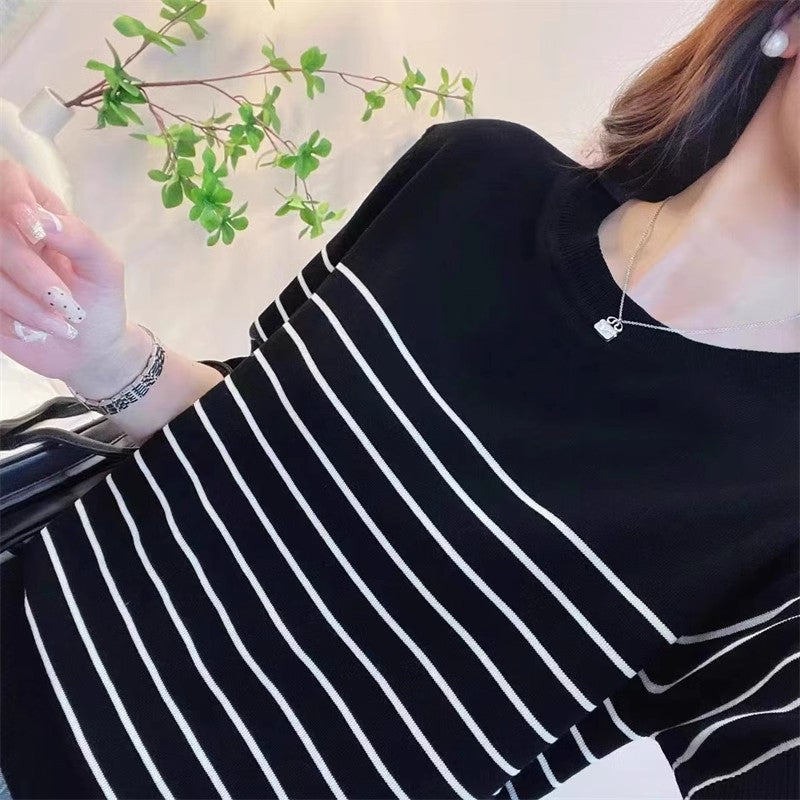 春夏新作 丸襟 ストライプ ニット 半袖 Tシャツ シンプル おしゃれ デザイン