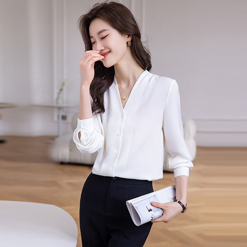 シフォンブラウス レディース Vネック 長袖 通勤 オフィス 全3色 S-4XL