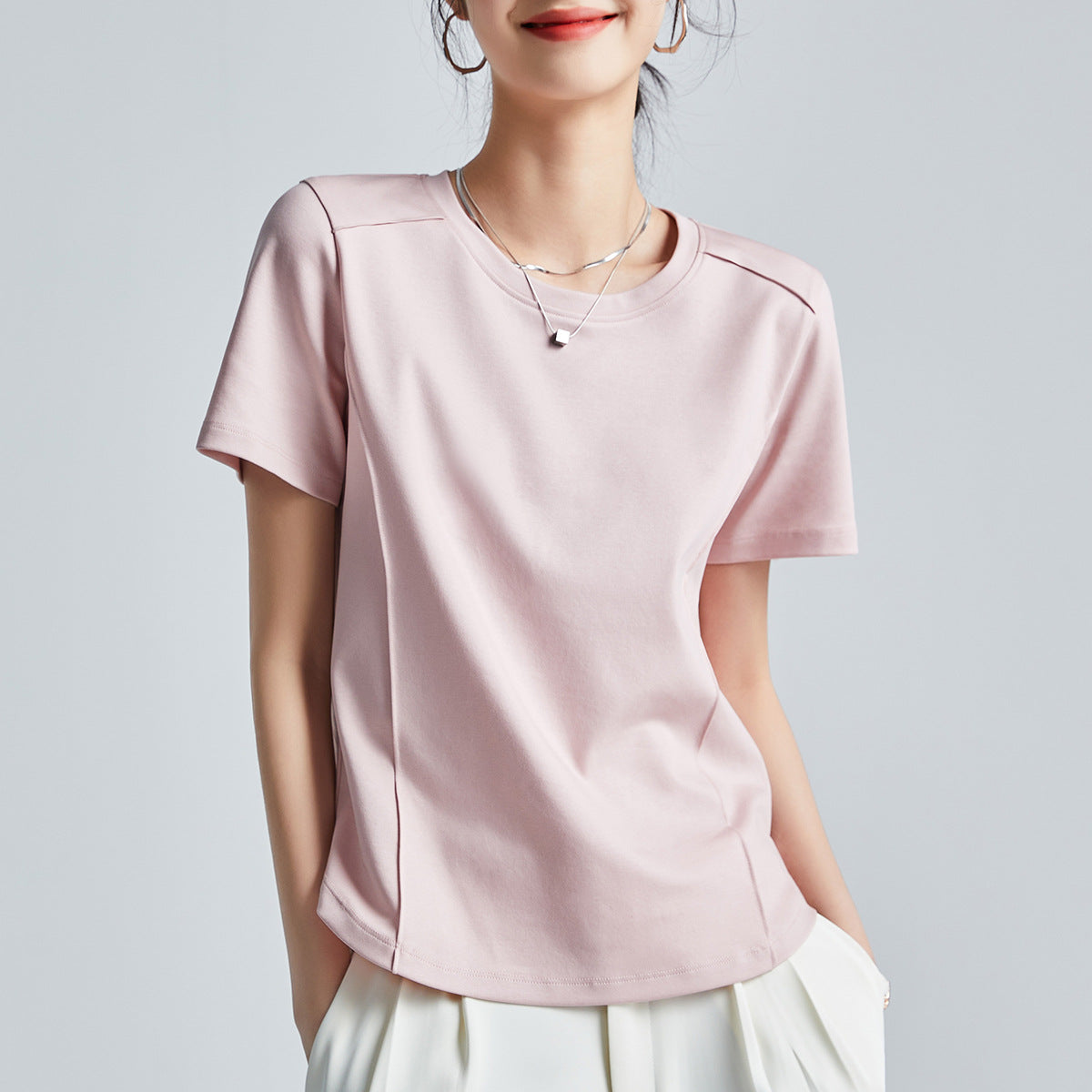 液体アンモニア加工 シルク混コットン半袖Tシャツ 丸首ベーシック