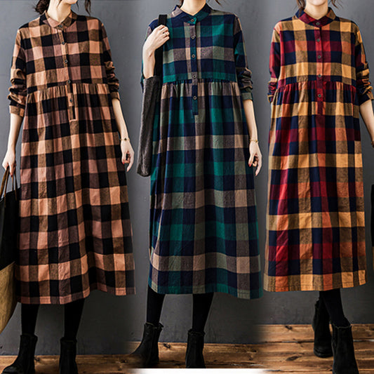 チェック シャツワンピース ロング 長袖 コットン100 レディース 秋冬 きれいめ ゆったり 大きいサイズ オフィス映え レッド グリーン ブラック M L XL 2XL