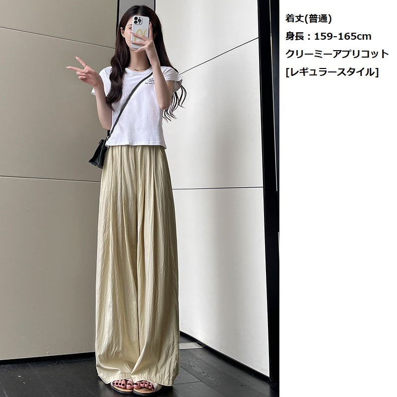 新着 夏 レディース ボトムス パンツ アイスシルク ワイドレッグパンツ 薄型 ハイウエストドレープ 和風 のんびり スロッピー コットン ストレートフィット カジュアルパンツ