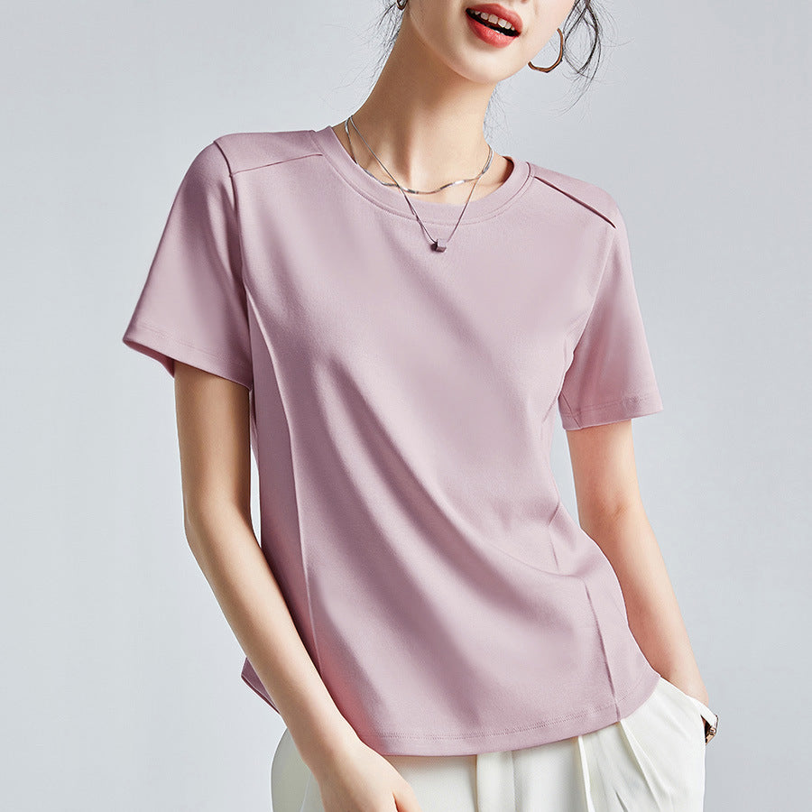 液体アンモニア加工 シルク混コットン半袖Tシャツ 丸首ベーシック