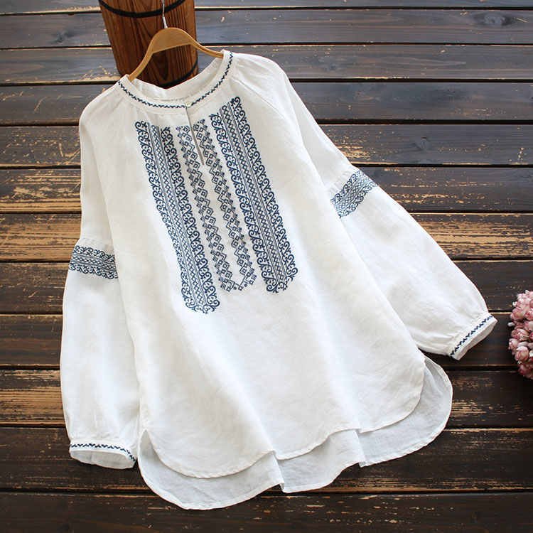 綿麻シャツ レディース 長袖 刺繍 エスニック ゆったり 大きいサイズ 全2色 M-5XL