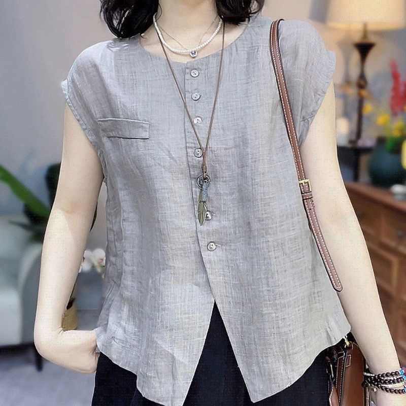 ノーカラーシャツ レディース 夏 リネン風 半袖 ラウンドネック ゆったり フレンチカジュアル 全4色 M-4XL