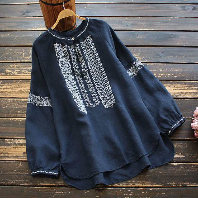 綿麻シャツ レディース 長袖 刺繍 エスニック ゆったり 大きいサイズ 全2色 M-5XL