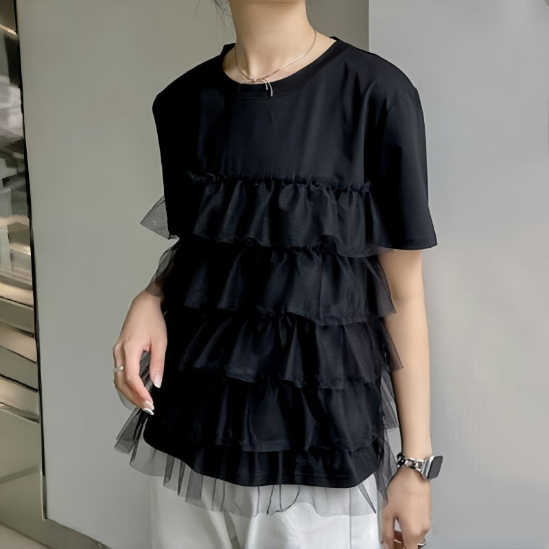 レディース トップス シャツ ブラウス フリーサイズ パッチワーク 半袖 ラウンドネック プルオーバ tシャツ ２色