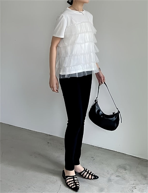 レディース トップス シャツ ブラウス フリーサイズ パッチワーク 半袖 ラウンドネック プルオーバ tシャツ ２色