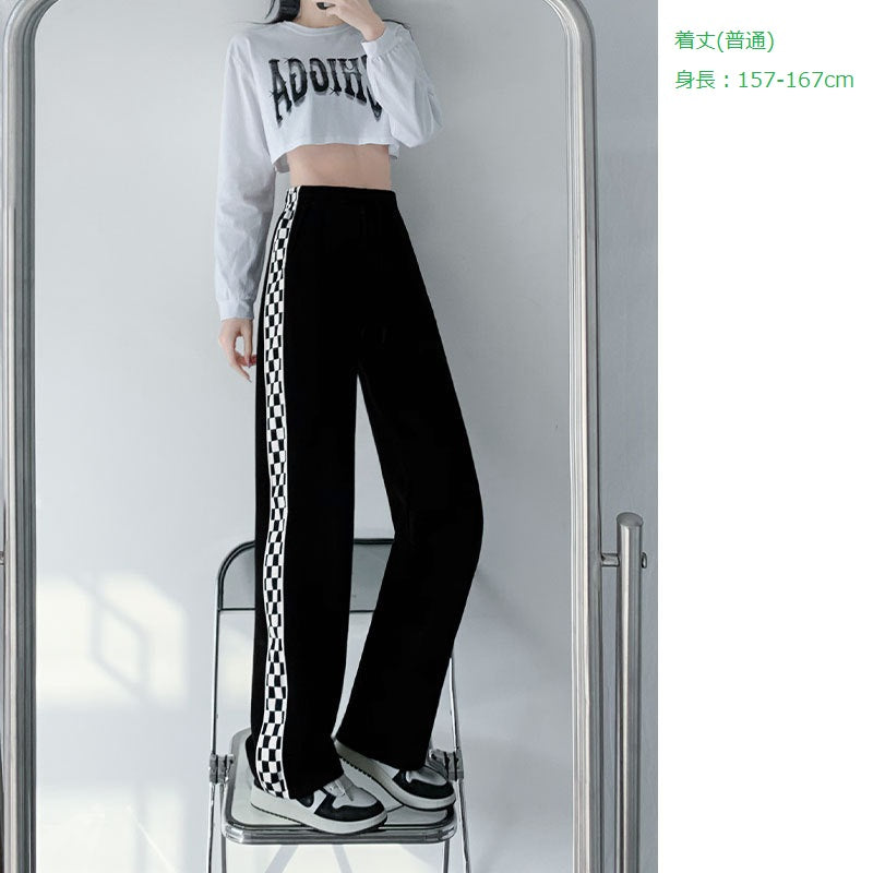 レディース ボトムス パンツ スウェットパンツ チェッカーボードチェック柄 プチワイドレッグ ハイウエストドレープ ルーズストレートフィット カジュアルグレー