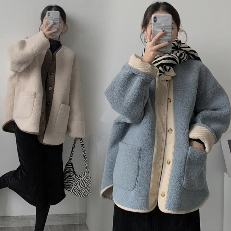 ボア ジャケット ノーカラー 長袖 レディース 秋冬 ゆったり 大きいサイズ きれいめ 上品 羽織 通勤 通学 ヘイズブルー アプリコット M-4XL