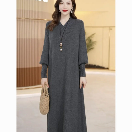 アイスシルク ニット ロングワンピース レディース 春夏秋 涼感 通気性 きれいめ 上品 ゆったり 体型カバー 長袖 ロング 通勤 オフィス 大きいサイズ グレー グリーン ネイビーブルー ブラック ラクダ M-6XL