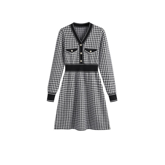 春 夏 新作 小香風 高級感 長袖 Aライン ニット ワンピース 着痩せ