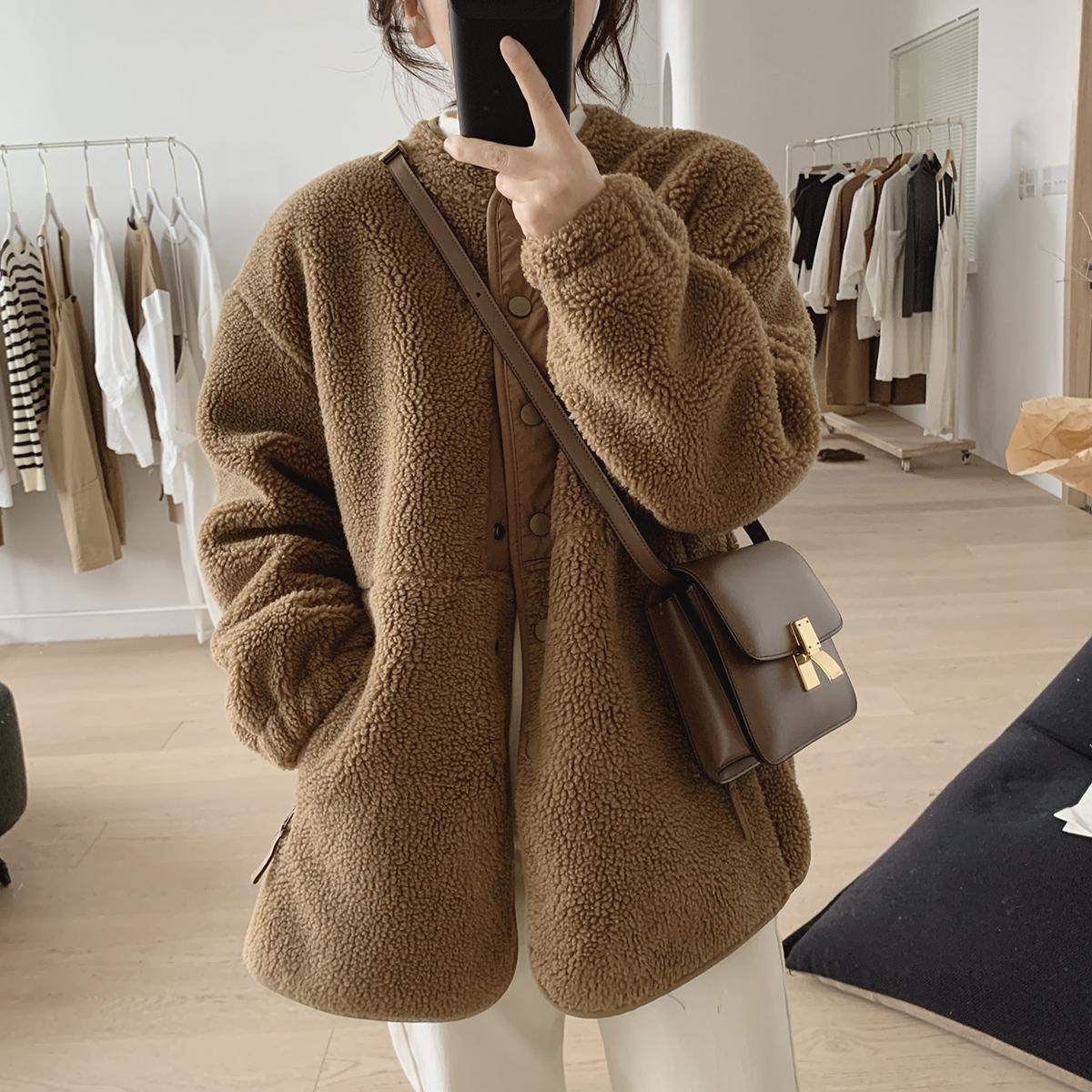 もこもこ ジャケット レディース 秋冬 スナップボタン 伸縮 ゆったり 長袖 オフホワイト/ブラウン M-3XL