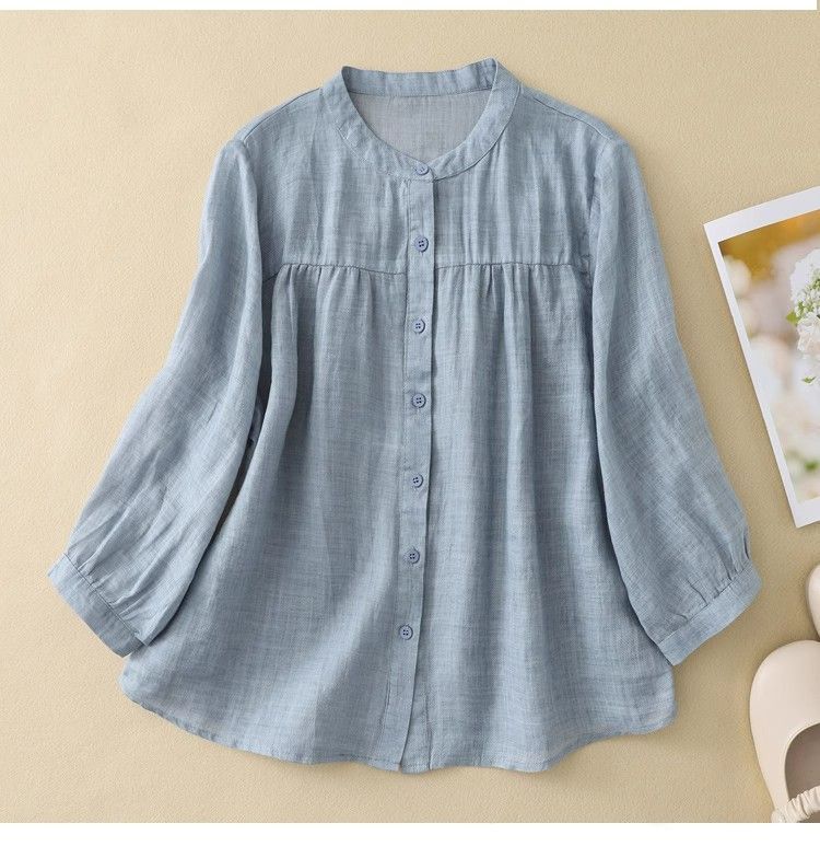 綿麻シャツ レディース 7分袖 ゆったり カジュアルブラウス 春夏 UVカット 全5色 M-3XL