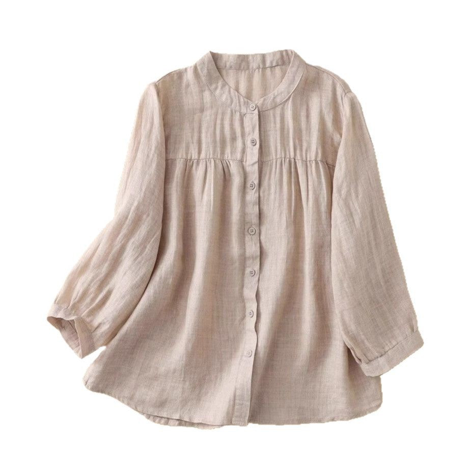 綿麻シャツ レディース 7分袖 ゆったり カジュアルブラウス 春夏 UVカット 全5色 M-3XL