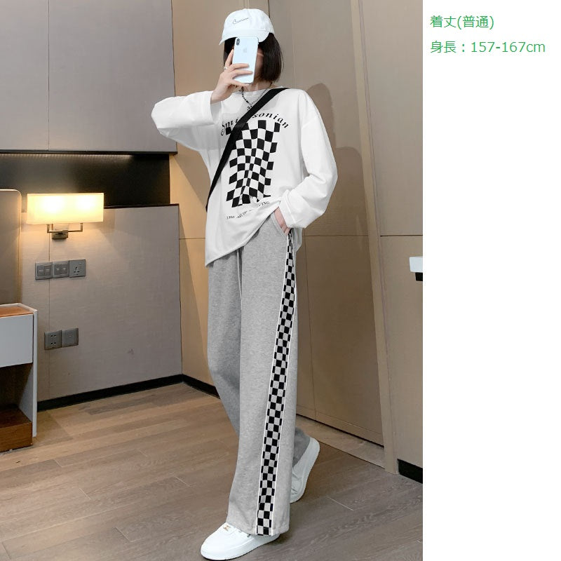 レディース ボトムス パンツ スウェットパンツ チェッカーボードチェック柄 プチワイドレッグ ハイウエストドレープ ルーズストレートフィット カジュアルグレー