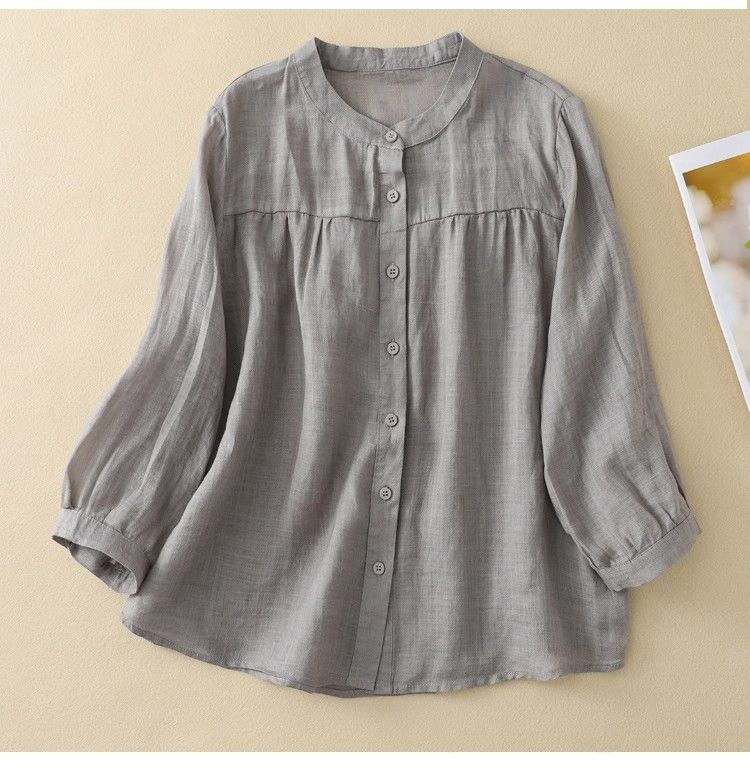 綿麻シャツ レディース 7分袖 ゆったり カジュアルブラウス 春夏 UVカット 全5色 M-3XL