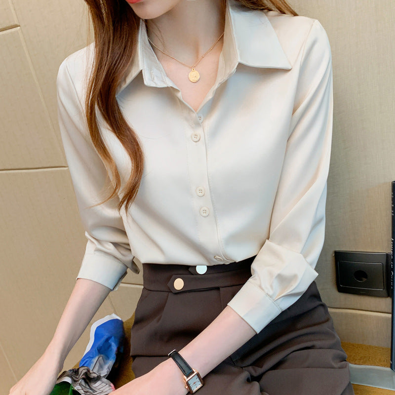 サテンシャツ レディース 春夏 アセテートサテン 長袖 シャツ 韓国風 オフィス 全7色 S-2XL