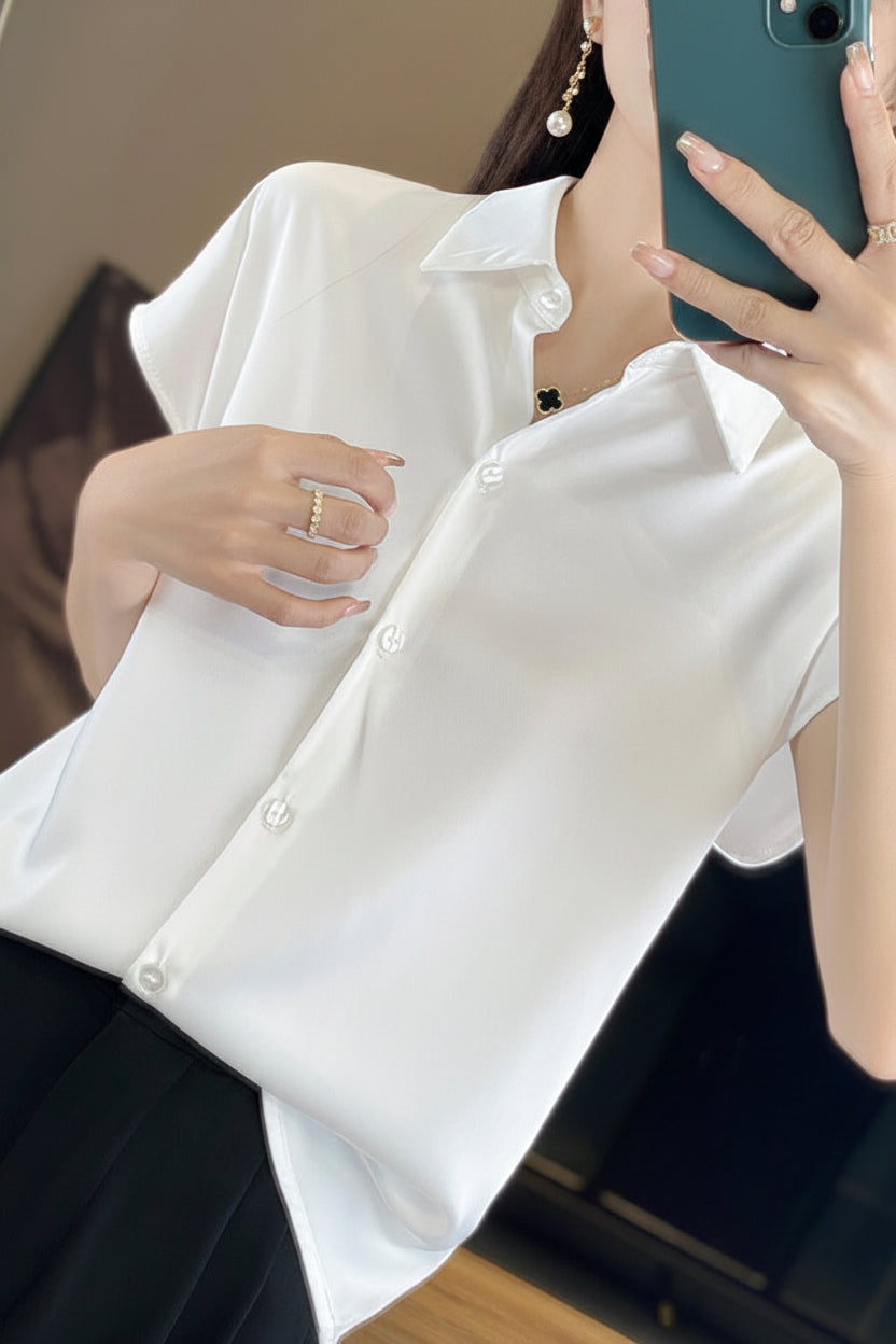フレンチシャツ レディース 春夏 半袖 サテン風 無地 ゆったり 着痩せ 全3色 M-2XL