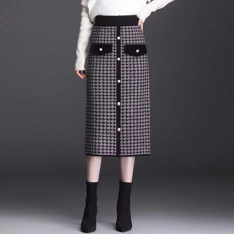 千鳥格子 ミモレ丈 ペンシルスカート 前ボタン ポケット風デザイン レディース 秋冬 通勤 きれいめ 上品 大きいサイズあり グレー コーヒー S-3XL
