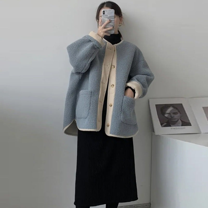 ボア ジャケット ノーカラー 長袖 レディース 秋冬 ゆったり 大きいサイズ きれいめ 上品 羽織 通勤 通学 ヘイズブルー アプリコット M-4XL