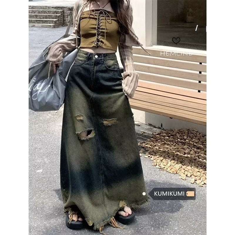 春秋 大きいサイズ ダメージ加工 デニム スカート レディース 太ももカバー カジュアル