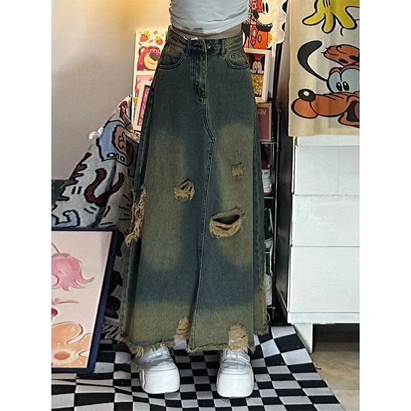 香港風 春秋 新作 レトロ ダメージ デニム スカート レディース 高ウエスト 細見え効果
