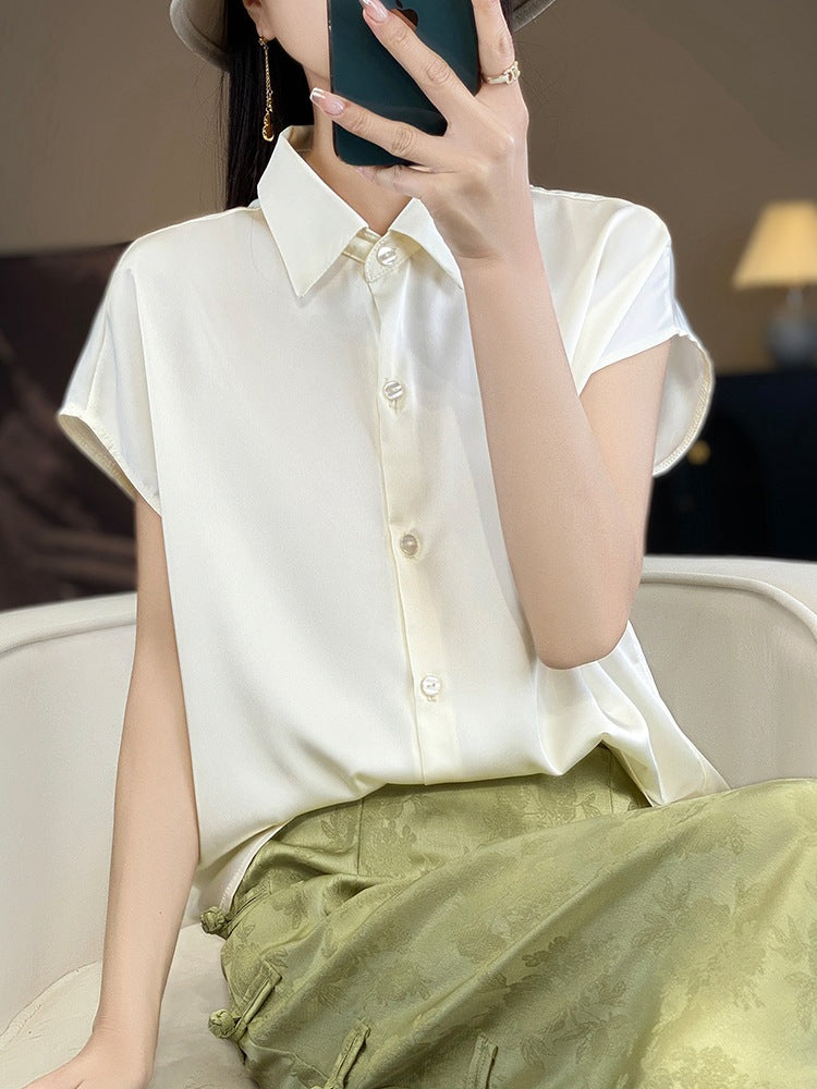 フレンチシャツ レディース 春夏 半袖 サテン風 無地 ゆったり 着痩せ 全3色 M-2XL