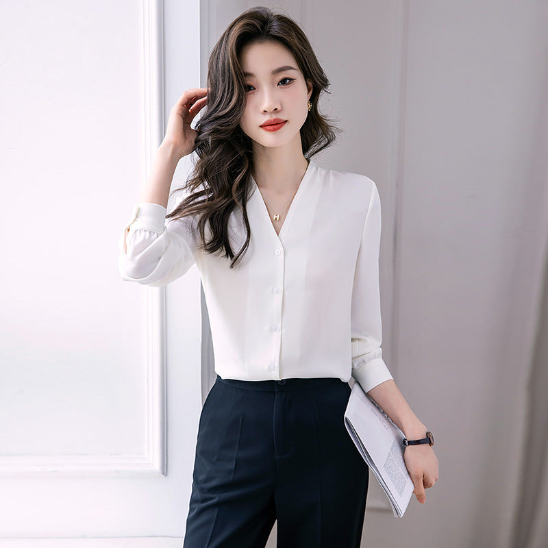 シフォンブラウス レディース Vネック 長袖 通勤 オフィス 全3色 S-4XL