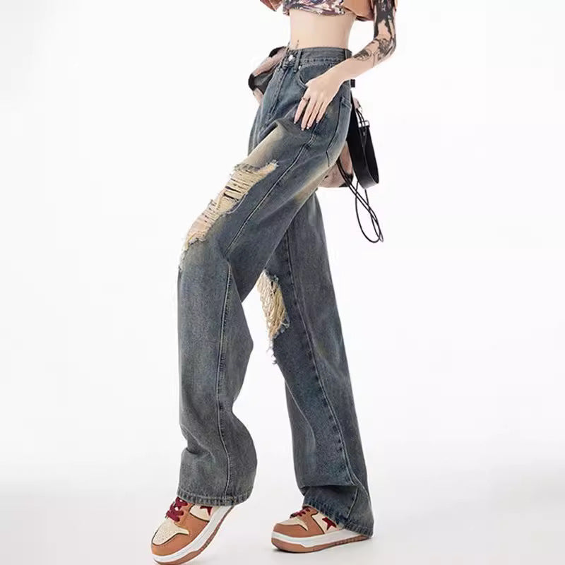 アメリカン レトロ 春 新作 ストレート ジーンズ レディース ダメージ ゆったり 美脚