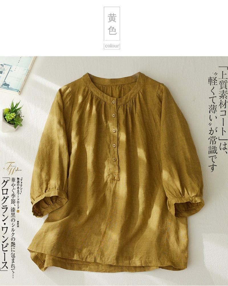 半袖シャツ レディース コットンリネン素材 無地 ゆったり ミッドスリーブ ラウンドネック 夏トップス